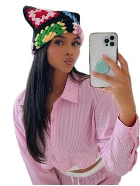 NWT Colorblock Crochet Cat Ear Beanie - Multicolor